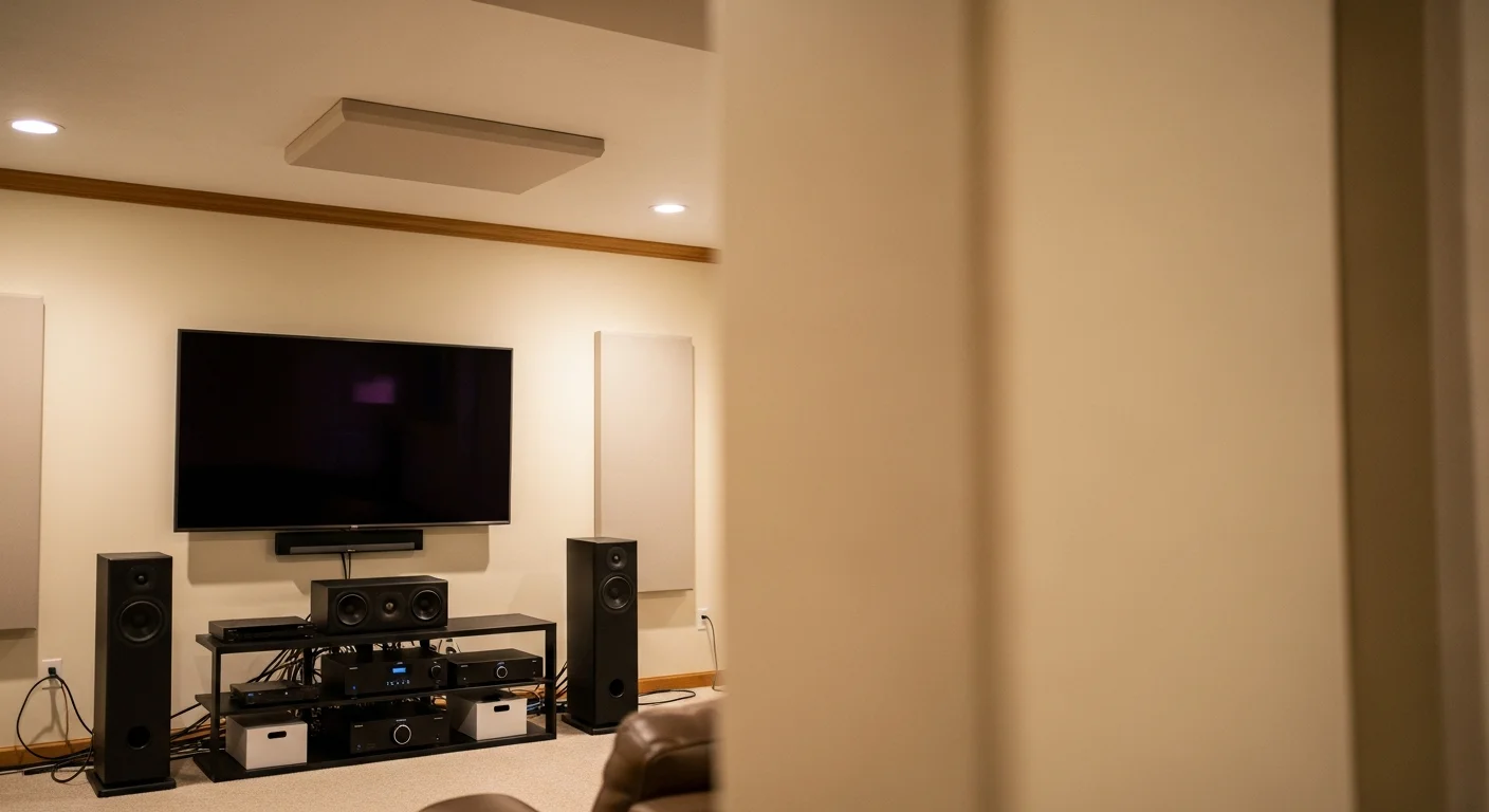 Home theater room with mounted TV and surround sound speakers