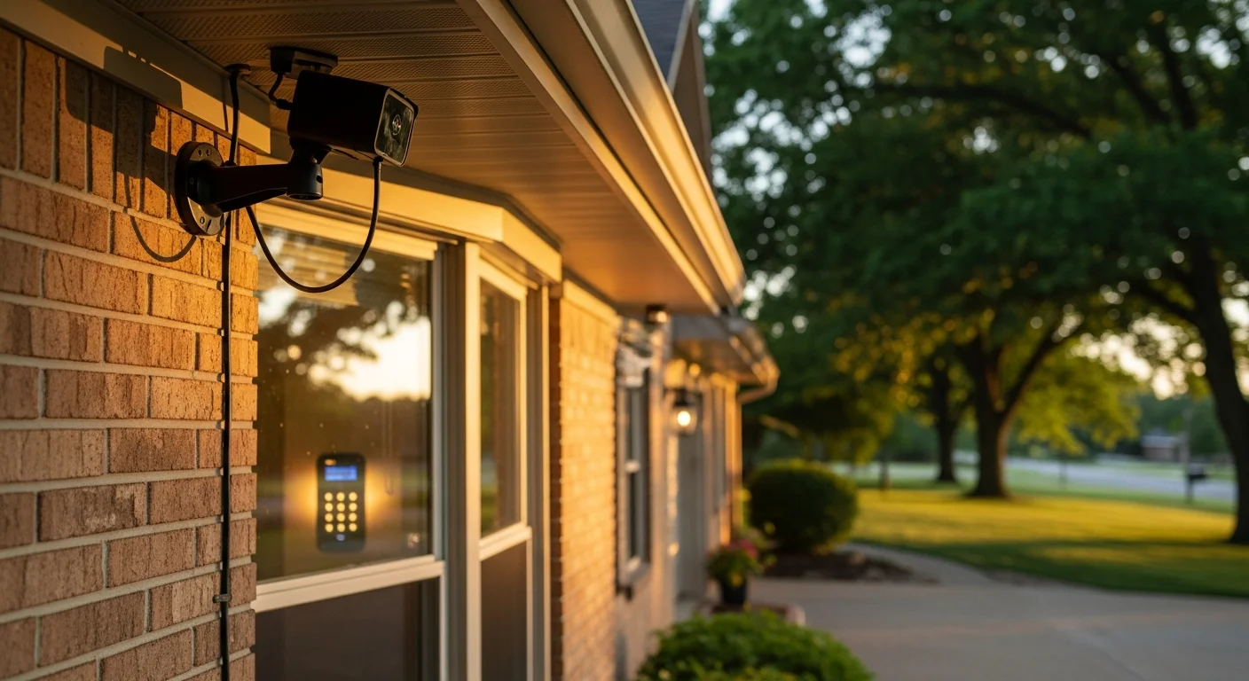 Security camera mounted on exterior wall