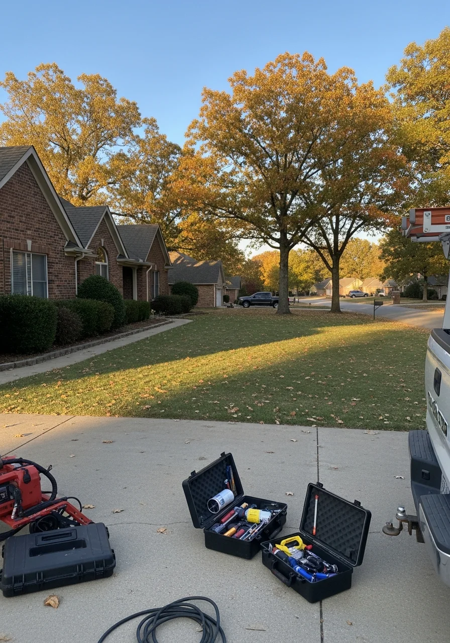 Professional crew working on a Rolla property with residential neighborhood visible.