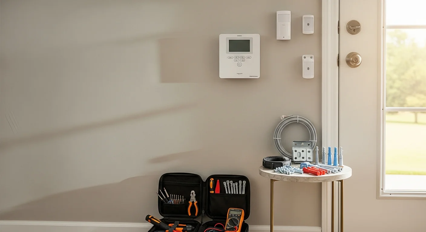 A technician from A5 Home Tech installing a door sensor on the front entry of a single-family home in Nixa, MO. The control panel is mounted on an interior wall near the main hallway.
