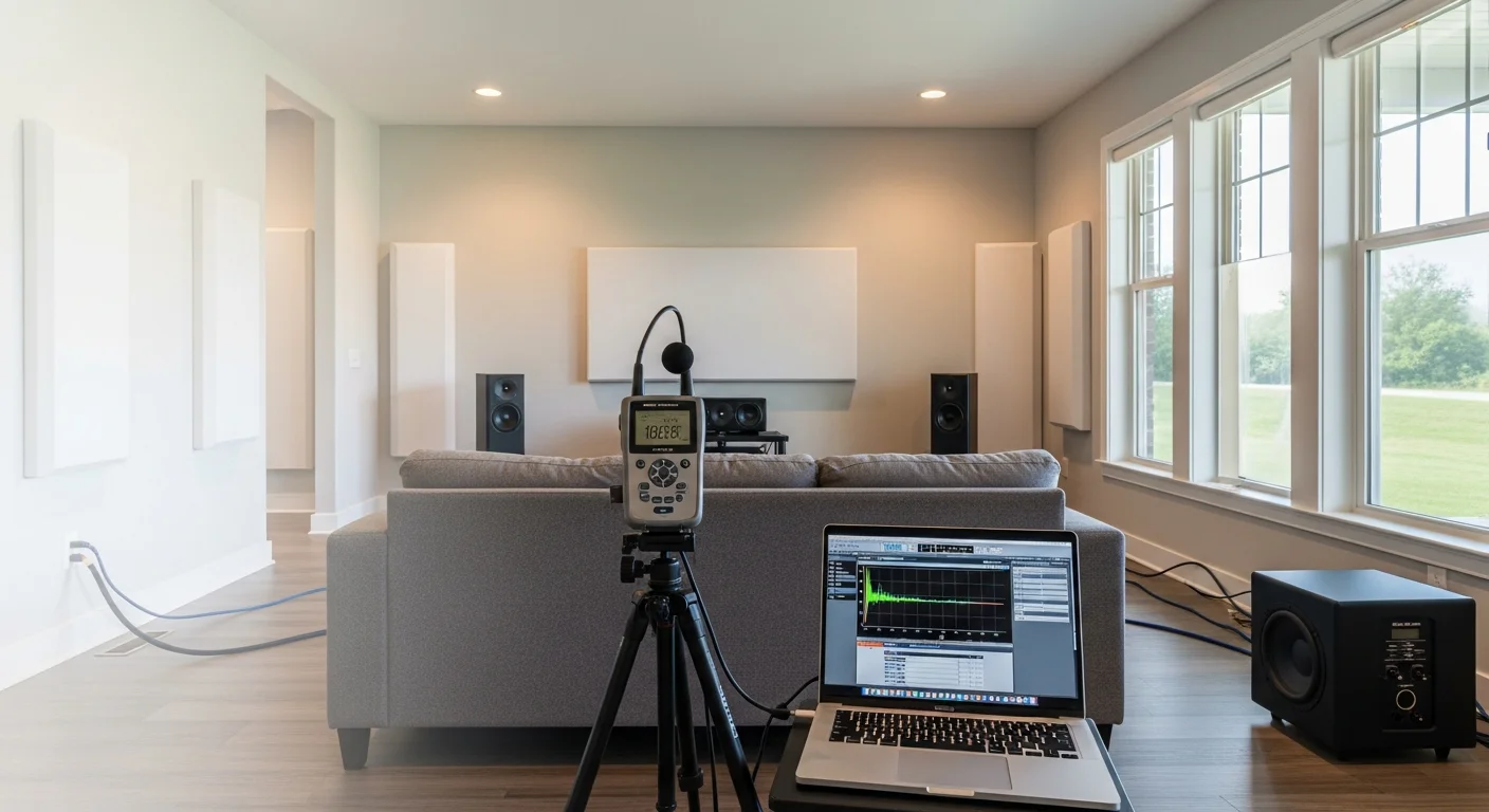 A home theater room in a Nixa, MO residence with surround sound speakers mounted on side walls and a technician adjusting receiver settings during a professional audio calibration service. The room shows a mix of soft seating and hard wall surfaces typical of local home builds.