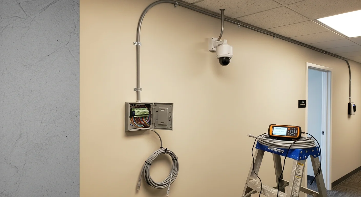 A commercial security camera mounted above the entrance of a retail building in Nixa, MO. A technician from A5 Home Tech adjusts the camera angle during a professional installation on the Highway 14 corridor.