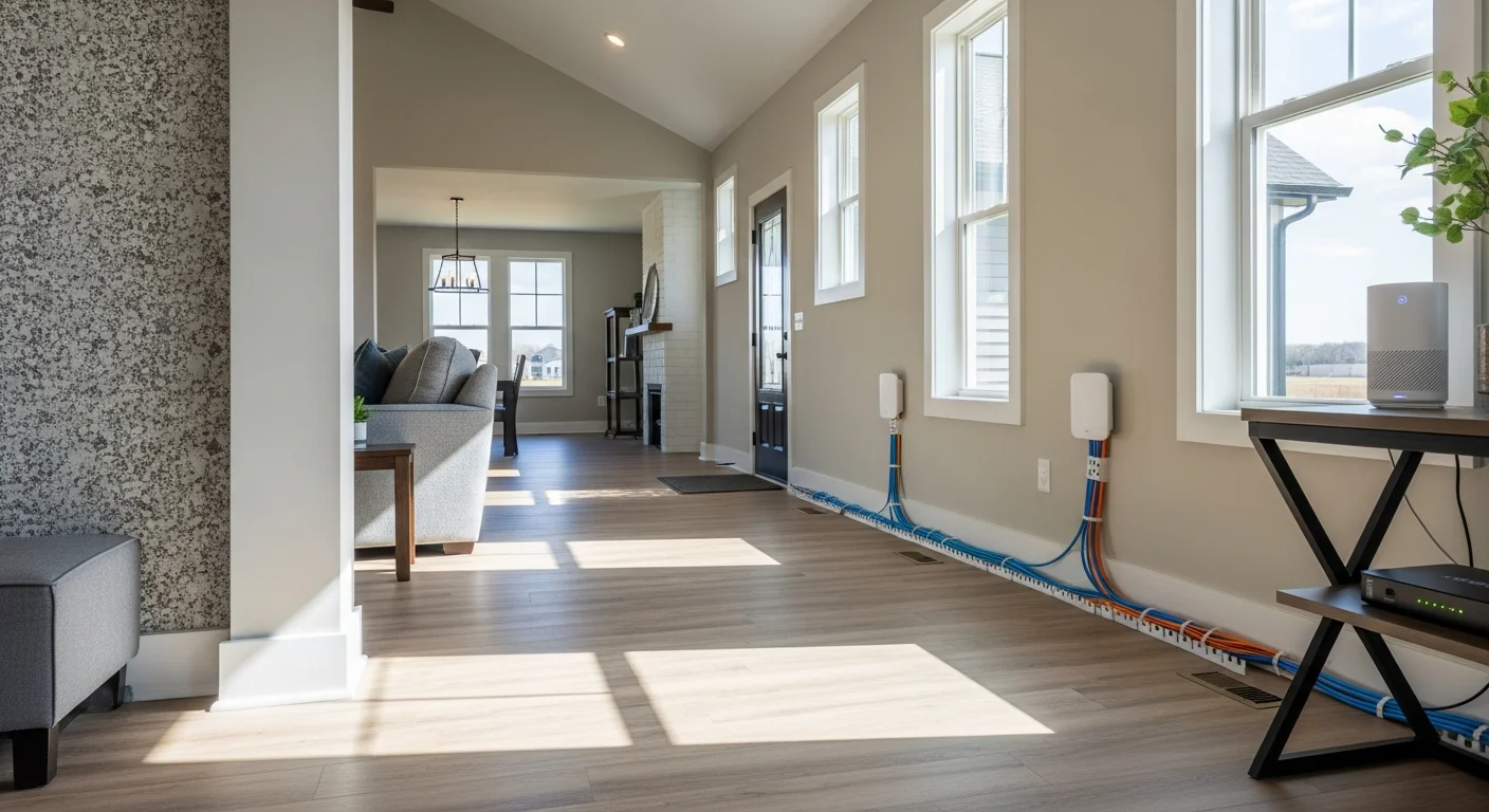 A home network technician from A5 Home Tech mounting a wireless access point on the ceiling of a living room in a new construction home in Nixa, MO. Structured cabling runs neatly through the wall to a patch panel in a nearby utility closet.