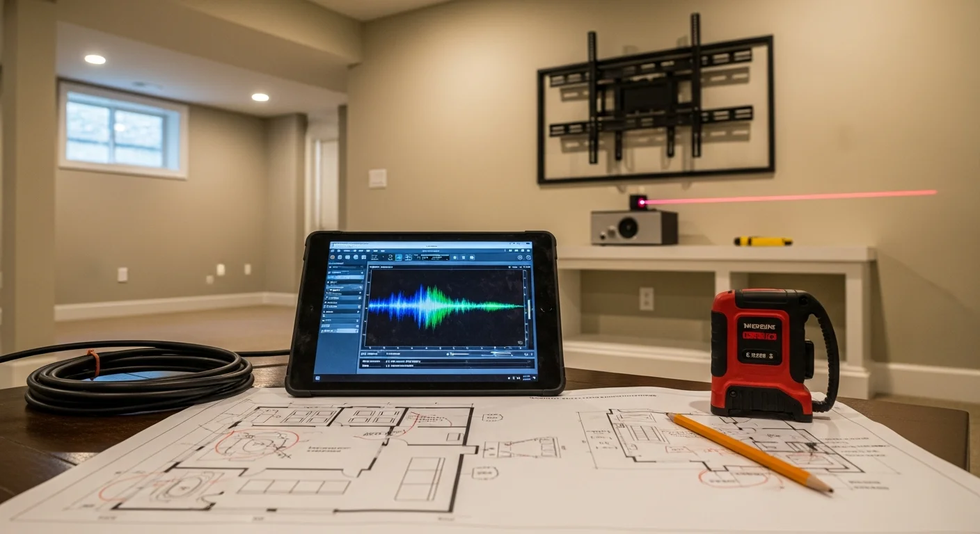A5 Home Tech consultant reviewing a home theater room layout with a Nixa, MO homeowner in a residential living space. The image shows a blank wall marked for screen placement and speaker positions mapped on an open floor plan.