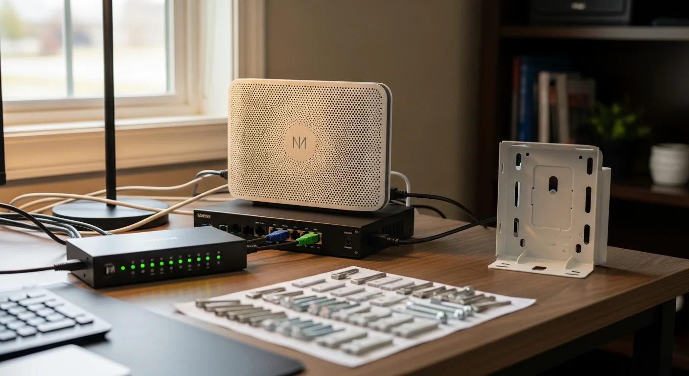 A home network technician configuring a router and connected devices inside a single-family home in Nixa, MO. Equipment is placed centrally in an open-plan living area to maximize whole-home Wi-Fi coverage.
