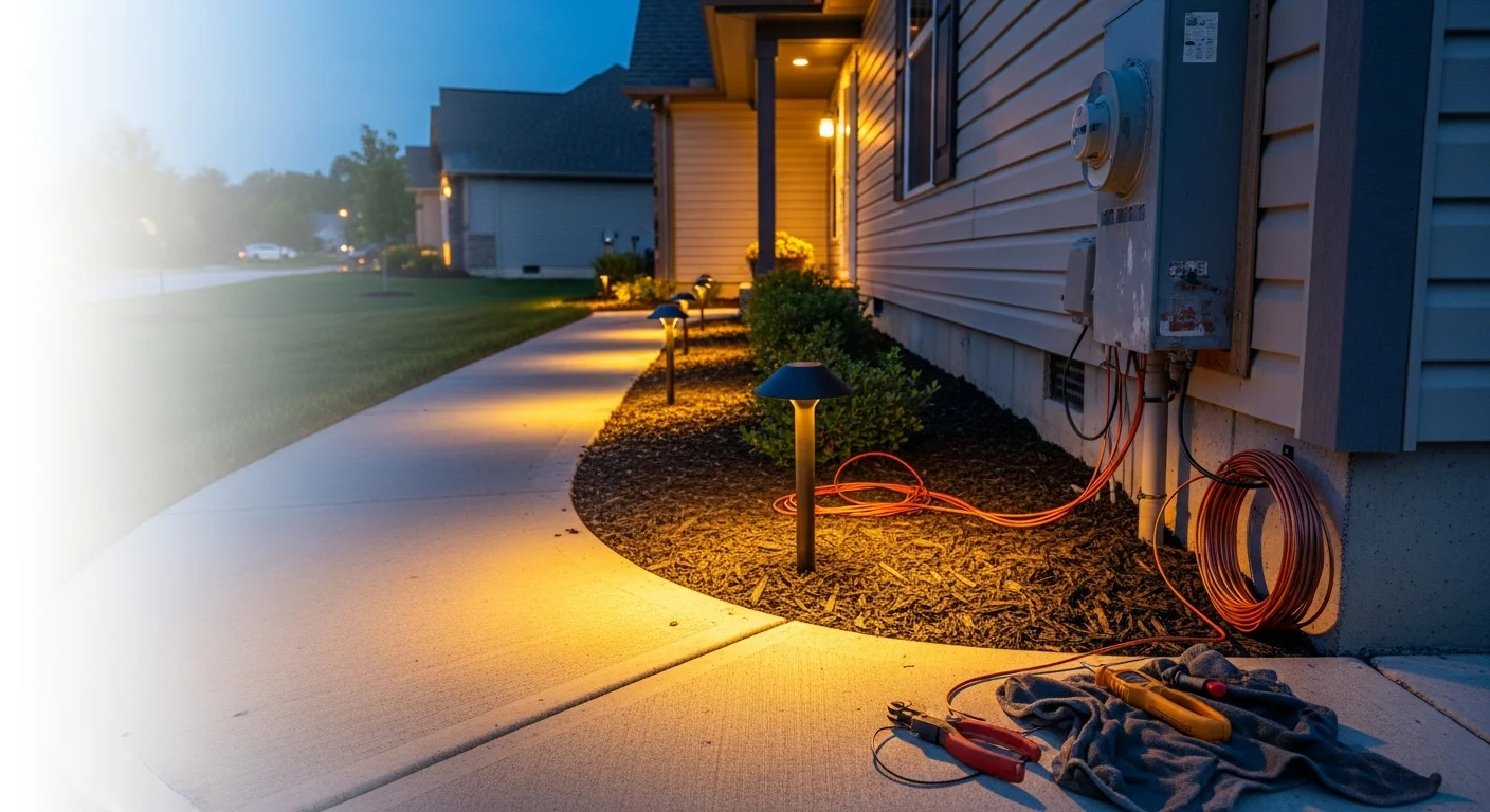 Outdoor lighting installed along the front walkway and landscape beds of a single-family home in Nixa, MO. Low-voltage path lights and accent fixtures illuminate the yard after dark.