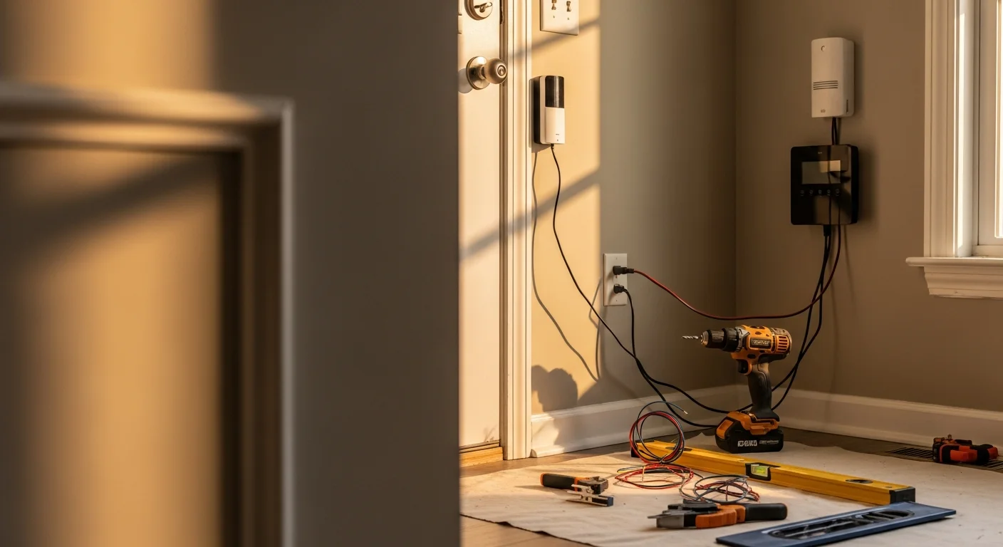 A residential security camera mounted on the exterior corner of a single-family home in Nixa, MO, with a view covering the front driveway and entry door. An A5 Home Tech technician is shown securing the camera mount during a professional installation.