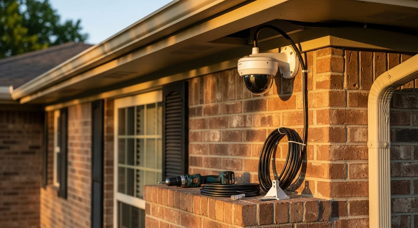 A professionally installed outdoor security camera mounted above the garage entry of a single-story residential home in Nixa, MO. The camera is positioned to cover the driveway and front approach with clean cable routing along the exterior wall.