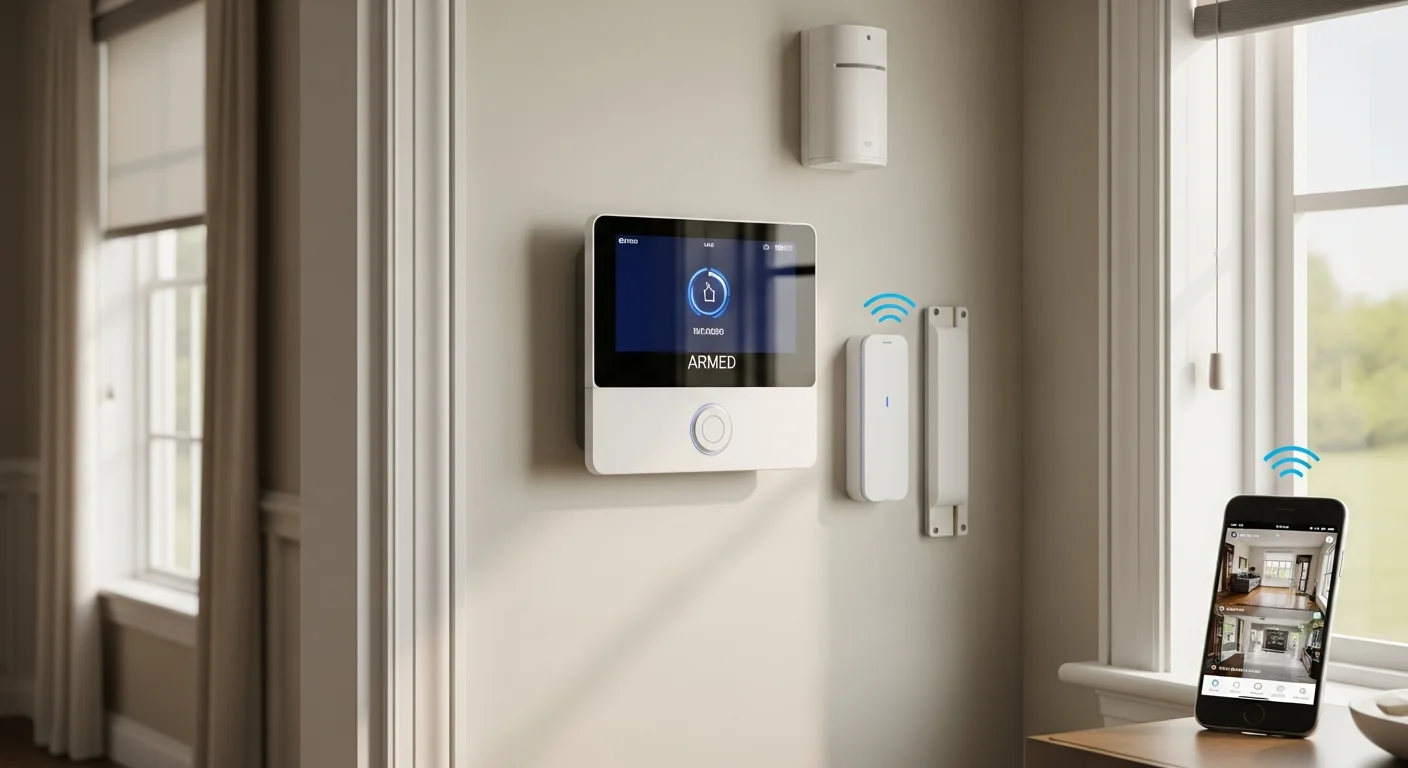 A wall-mounted security control panel with active status indicators inside a Nixa, Missouri home, with a door sensor visible on a nearby entry door. A5 Home Tech technician confirms the monitoring connection is live during the setup visit.