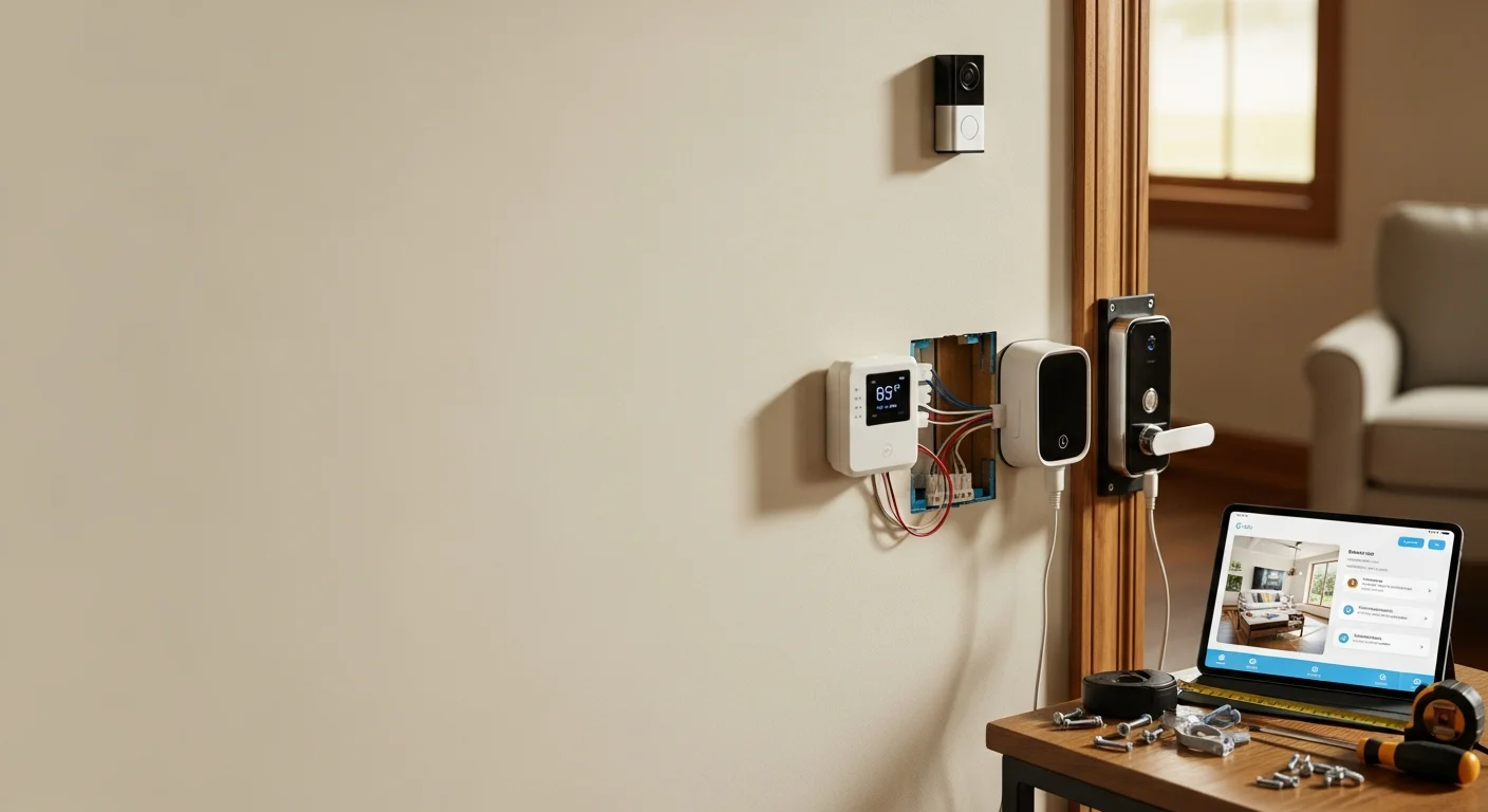 A Nixa, MO living room with a wall-mounted smart thermostat, smart light switches, and a video doorbell visible near the front entry. An A5 Home Tech technician configures the devices through a tablet during a professional smart home installation.