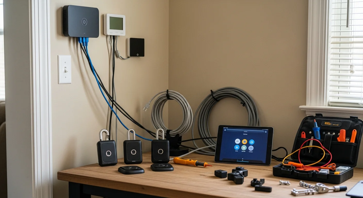 A Nixa, MO homeowner using a wall-mounted tablet to control smart lighting and a thermostat in an open-concept single-family home. A5 Home Tech smart home system integration is visible through connected devices throughout the main living area.