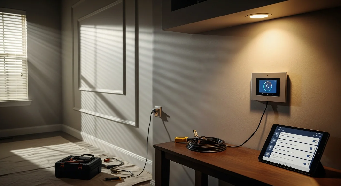 A professionally installed smart lighting setup inside a single-family home in Nixa, MO, showing a bright open-concept living area with recessed lights and a wall-mounted smart control panel. The exterior of the home is visible through large windows with automated outdoor lighting active along the front entry.