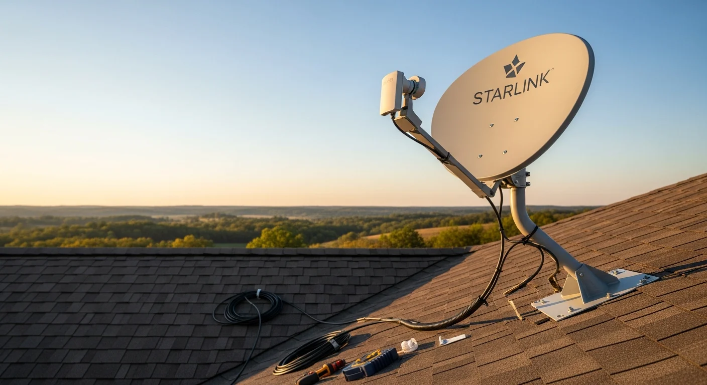 A Starlink satellite dish mounted on the roof of a residential home in Nixa, Missouri, with a clear view of the open sky above surrounding tree lines. A5 Home Tech technician secures the cable run along the roofline during a professional installation.