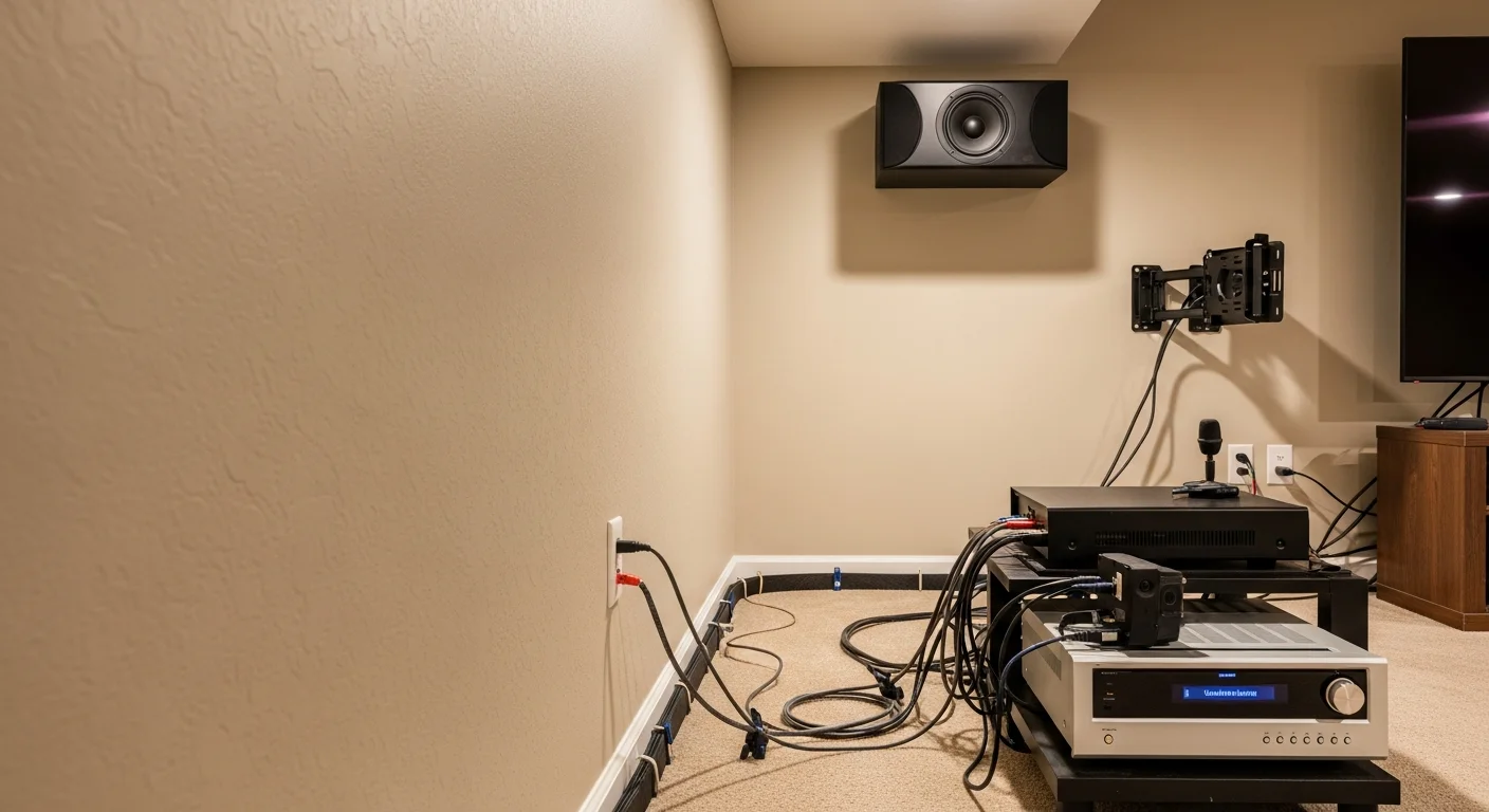 Professionally installed surround sound speakers mounted on the walls of a single-family home in Nixa, MO, with clean cable routing and a calibrated receiver setup visible in the media console.