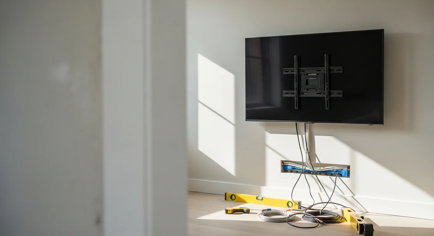 A large flat-screen TV mounted flush on a drywall living room wall in a single-family home in Nixa, MO, with cables fully concealed and a clean finished appearance. The screen is positioned at seated eye level above a low media console in a bright, open-concept room.