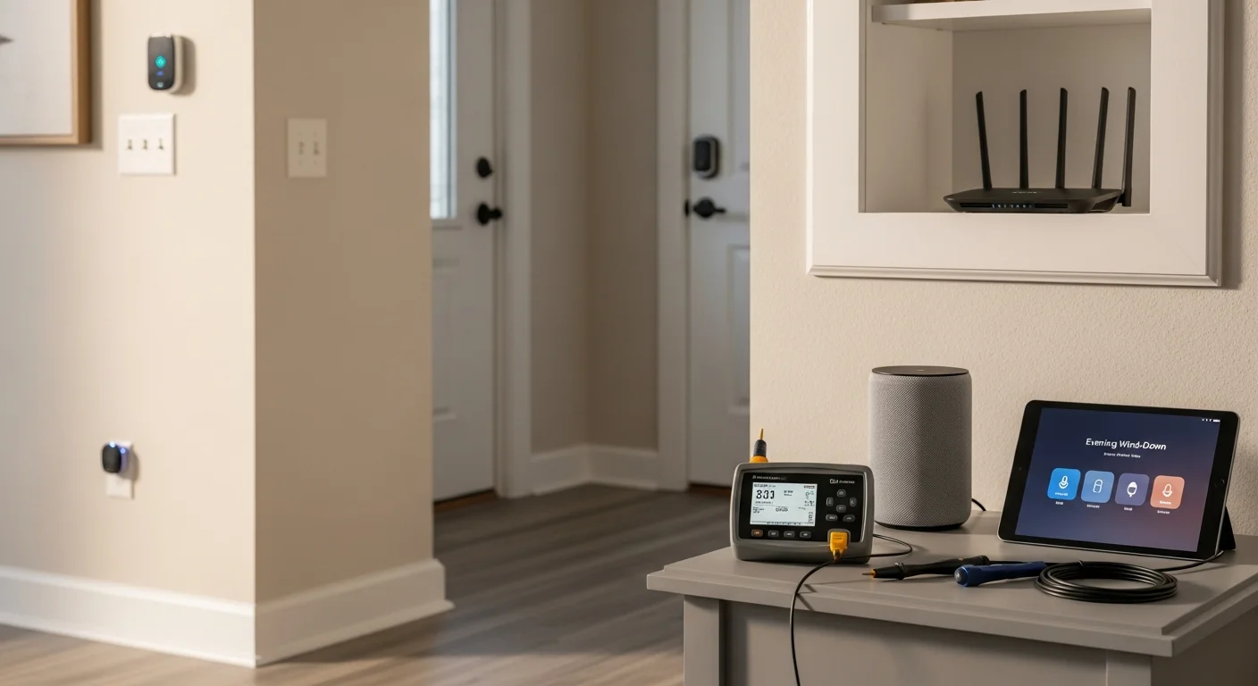 A living room in a Nixa, MO home with smart lighting and a voice assistant device on a shelf, showing a configured home automation setup. A homeowner adjusts a thermostat by voice while standing in an open-plan main living area.