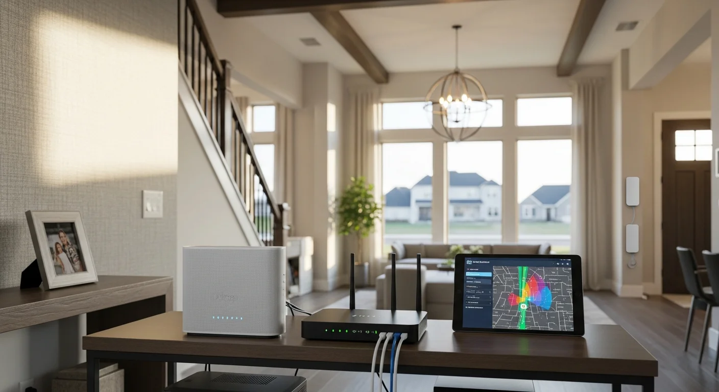 A home technology technician configuring a wireless router and mesh network node inside a single-family home in Nixa, MO. Multiple devices including a laptop, smart TV, and security camera are shown connected to the new WiFi network.